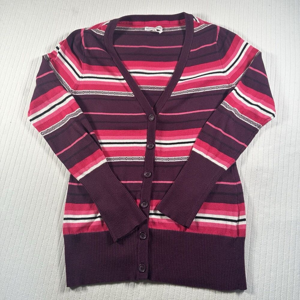 Aeropostale Women’s XL Striped Cardigan Pink Burgundy Button Front Long Sleeve